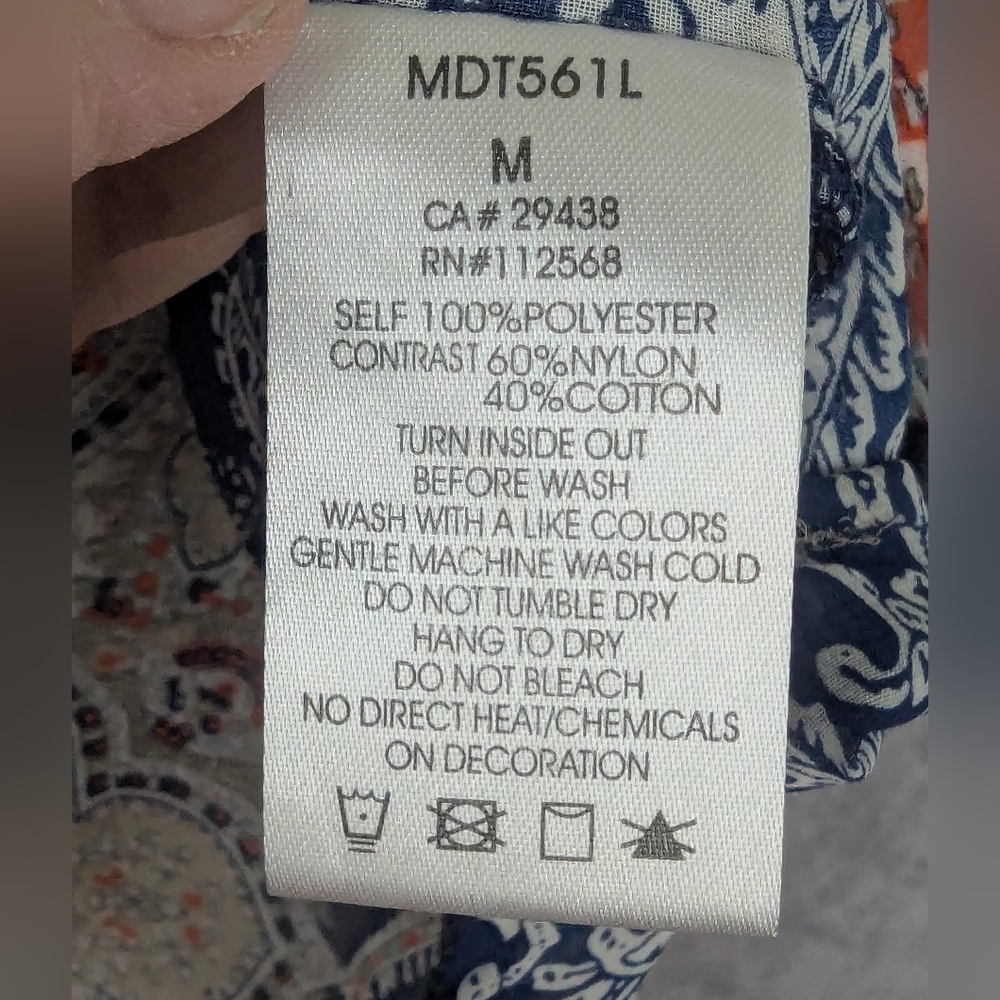 Miss Me Medium Boho Blouse Navy/Orange/Cream Lace Shoulders V-Neck - Picture 7 of 12